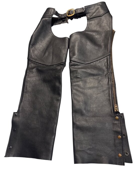 None Other - Black Leather Motorcycle Chaps With Adjustable Waist & Brass Details Made In USA